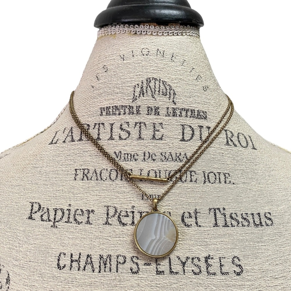 Lucky Brand Layered Chain Necklace Agate Stone Pendant Gold Tone Glam Minimalist